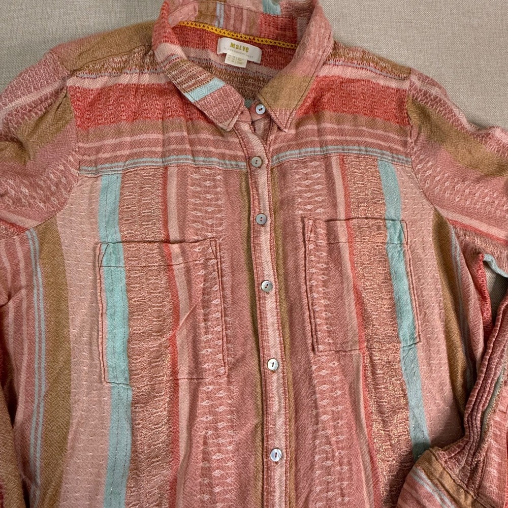 Maeve Anthropologie Womens Size 12 Striped Button Down Shirt Metallic Pink Blue